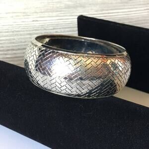 Large silver tone cross hatched bangle bracelet